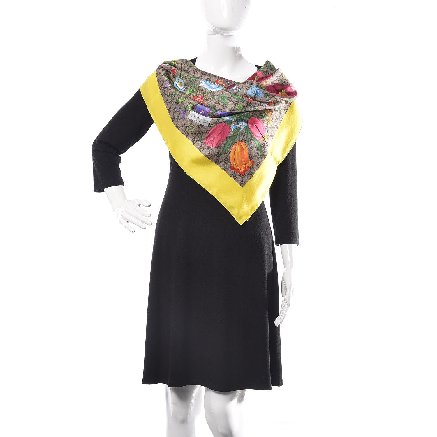 Gucci Silk Twill GG Monogram Flora Fluo GG Square Scarf Beige Yellow 2 of 5