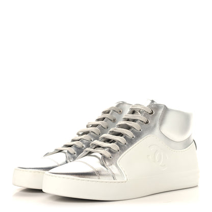 Chanel Iridescent Goatskin Womens High Top Sneakers 40.5 White Silver 4 of 10