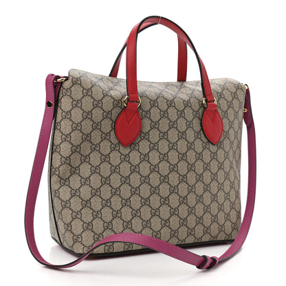 Gucci GG Supreme Monogram Linea A Foldover Tote Beige Hibiscus Red New Rosette 3 of 10