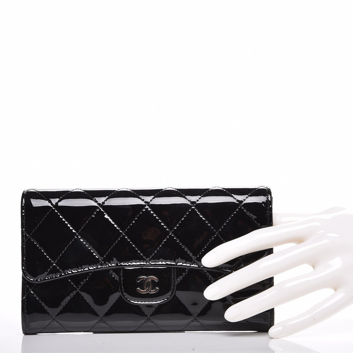Patent Calfskin Quilted Large Flap Wallet Black
