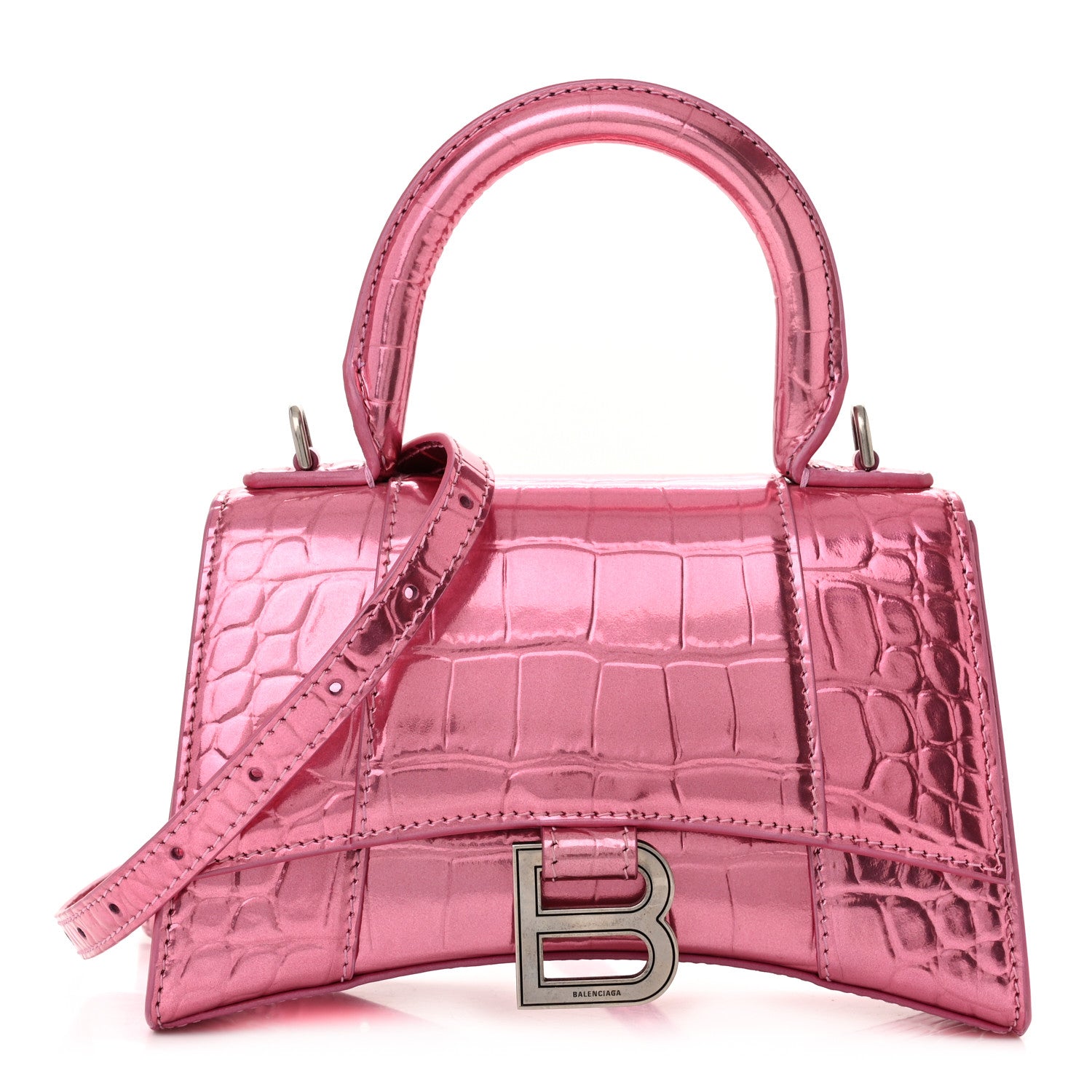 Balenciaga Metallic Shiny Calfskin Crocodile Embossed Hourglass Top Handle Bag XS Pink 1 of 16
