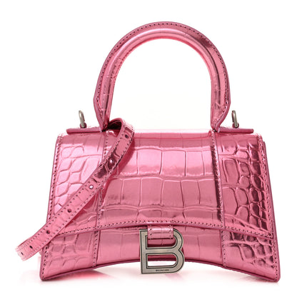 Balenciaga Metallic Shiny Calfskin Crocodile Embossed Hourglass Top Handle Bag XS Pink 1 of 16