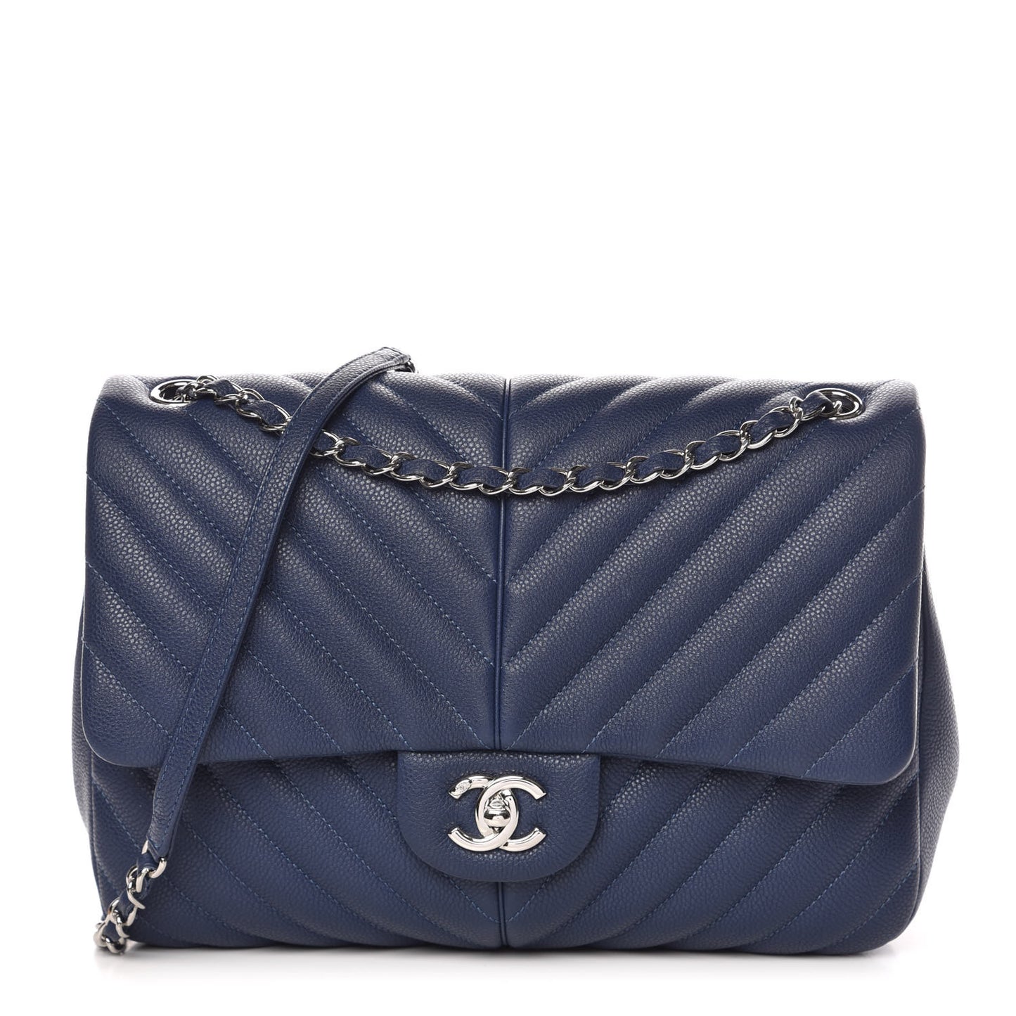 Caviar Chevron Quilted Large Puffy CC Flap Navy