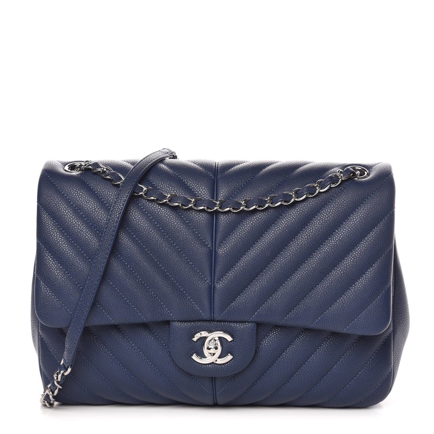 Chanel Caviar Chevron Quilted Large Puffy CC Flap Navy 1 of 10