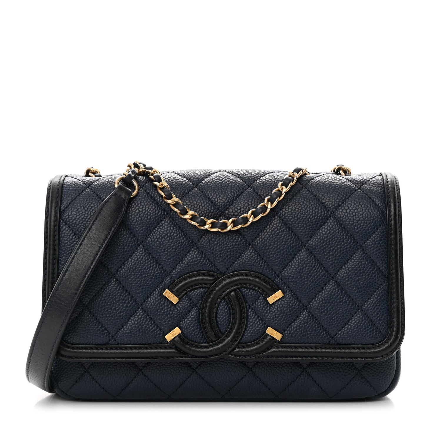 Caviar Quilted Small CC Filigree Flap Navy Black