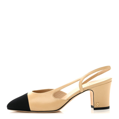 Chanel Goatskin Grosgrain Cap Toe CC Slingback Pumps 38 Beige Black 1 of 10