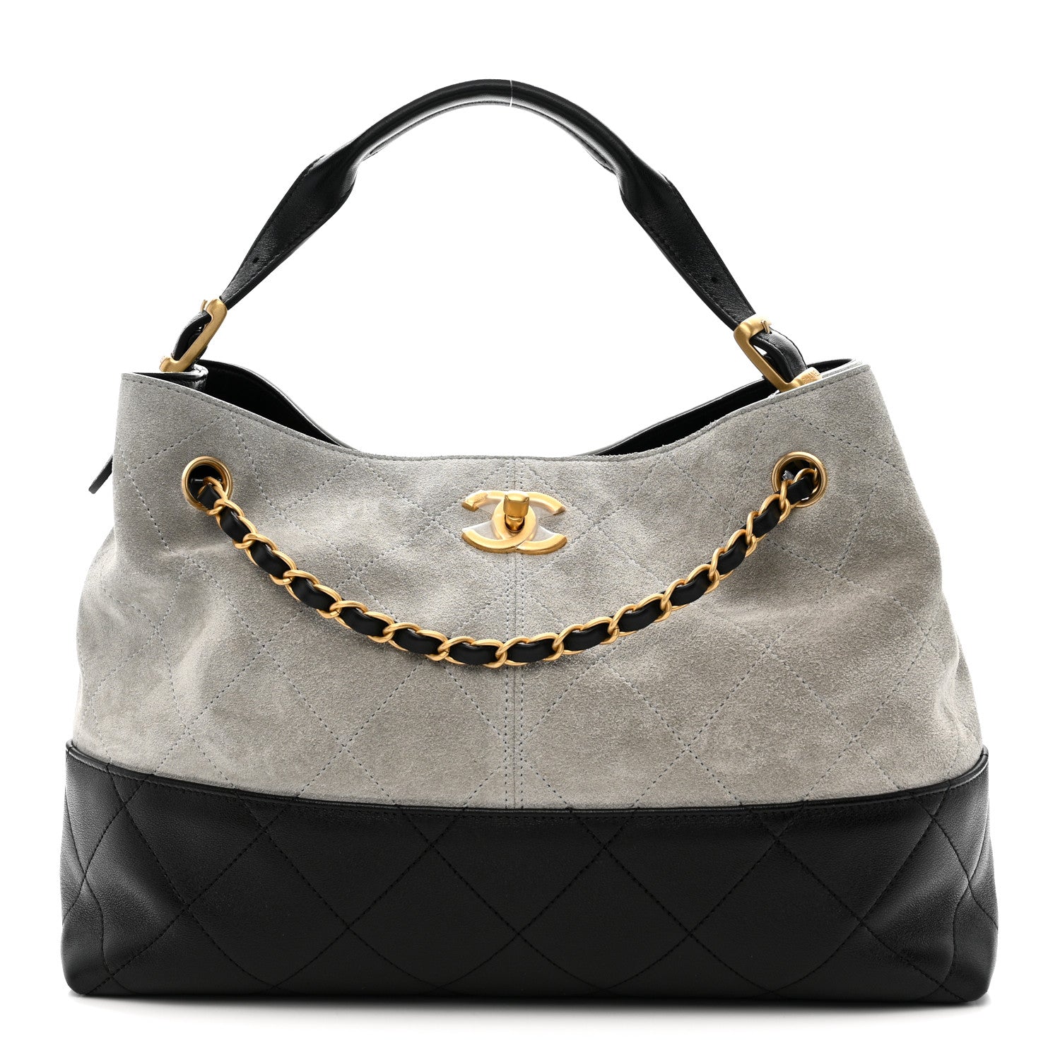 Chanel Suede Calfskin Shiny Lambskin Quilted Small Coco Base Shopping Bag Grey Black 1 of 10