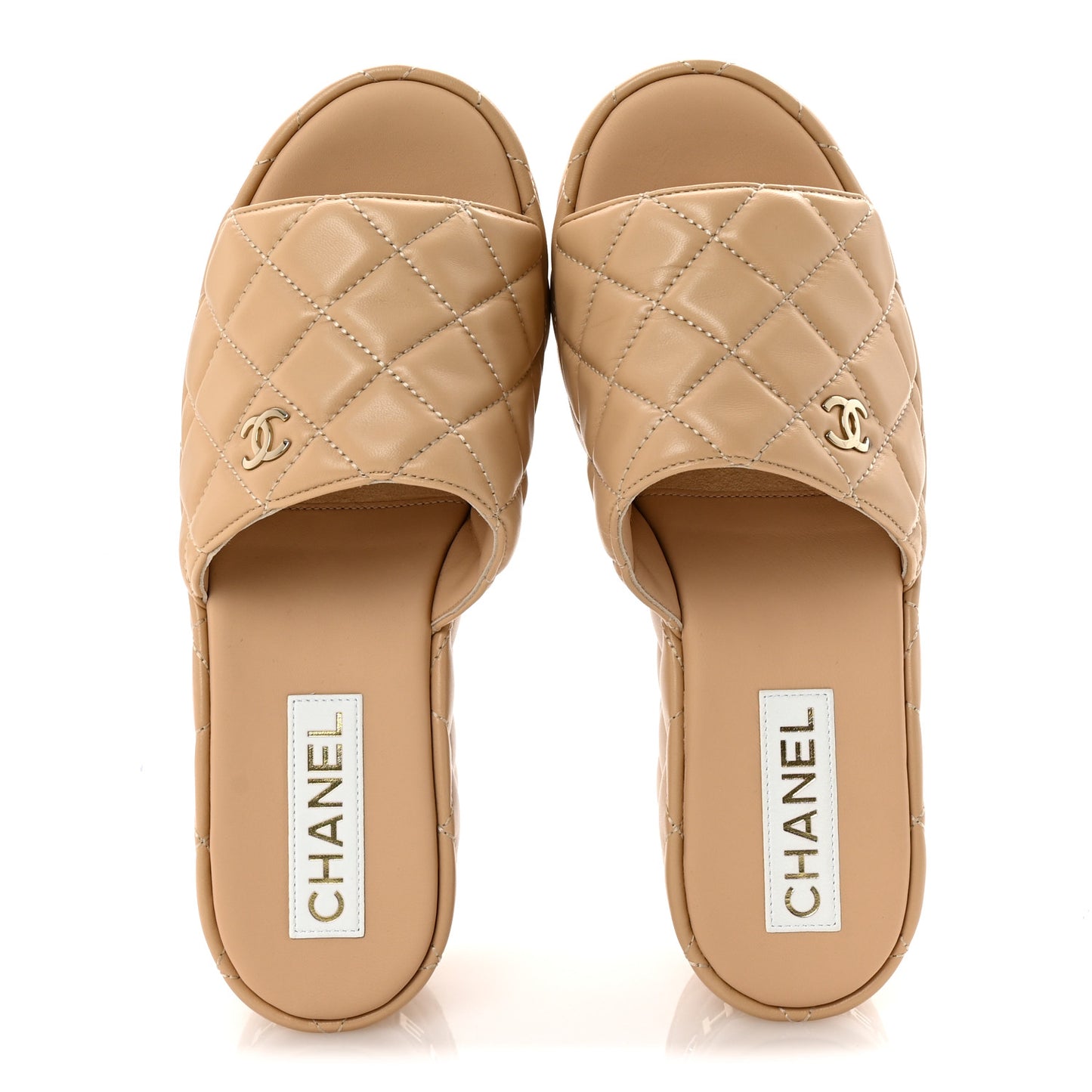 Lambskin Quilted CC Mules Wedge Sandals 39 Beige