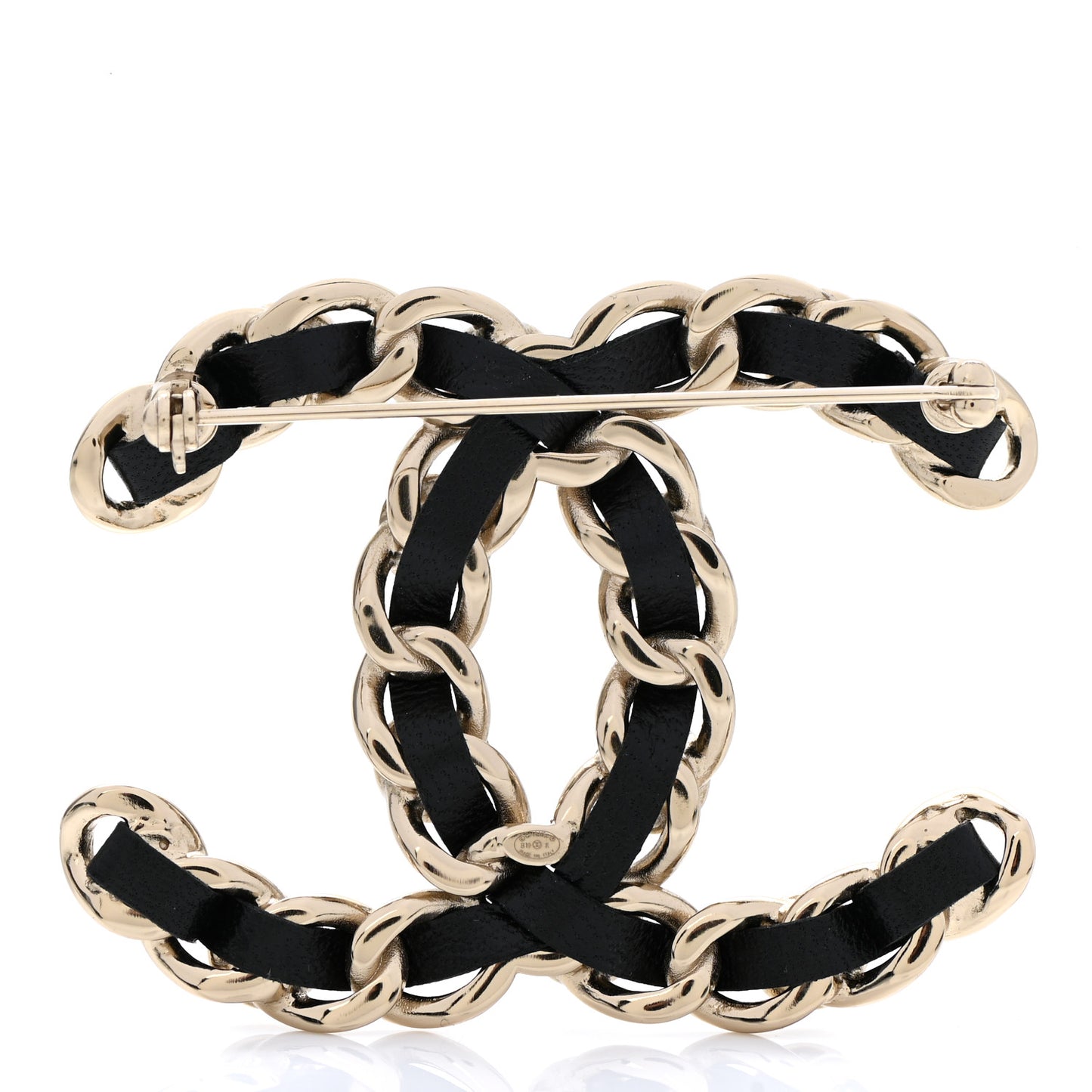 Lambskin Pearl Chain CC Brooch Gold Black
