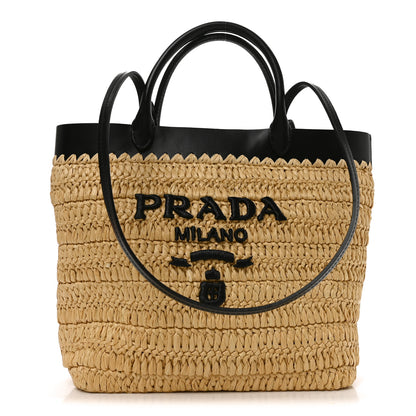 Prada Yarn Raffia Effect Calfskin Crochet Embroidered Medium Logo Tote Tan Black 1 of 9