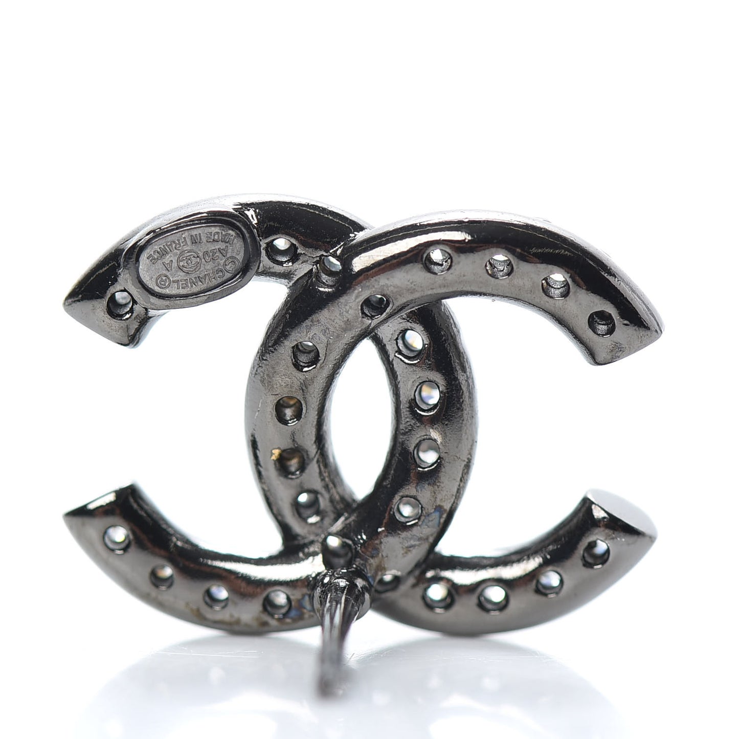 Metal Crystal CC Lock Symbols Stud Earrings Ruthenium