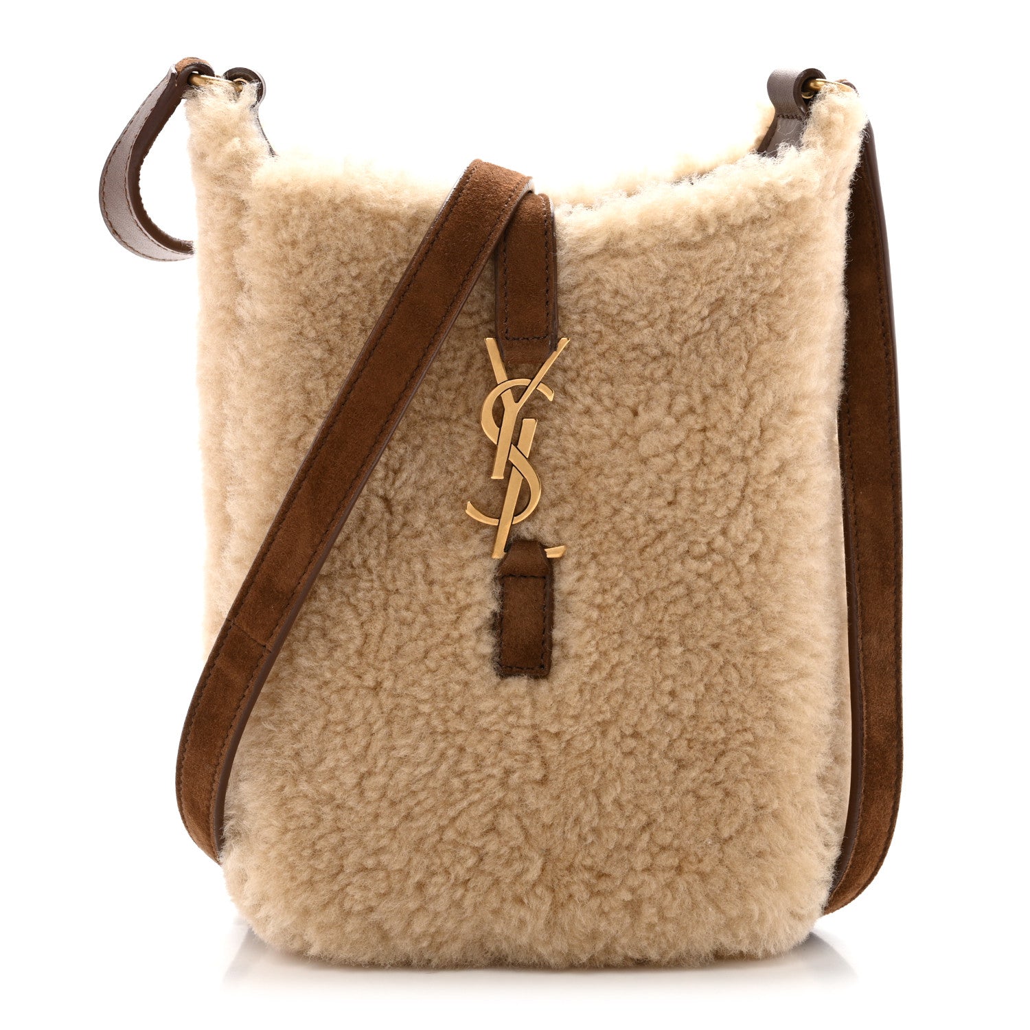 Saint Laurent Shearling Suede Mini Le 5 A 7 Vertical Hobo Natural Beige Dark Cigar 1 of 13