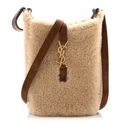 Saint Laurent Shearling Suede Mini Le 5 A 7 Vertical Hobo Natural Beige Dark Cigar 1 of 13