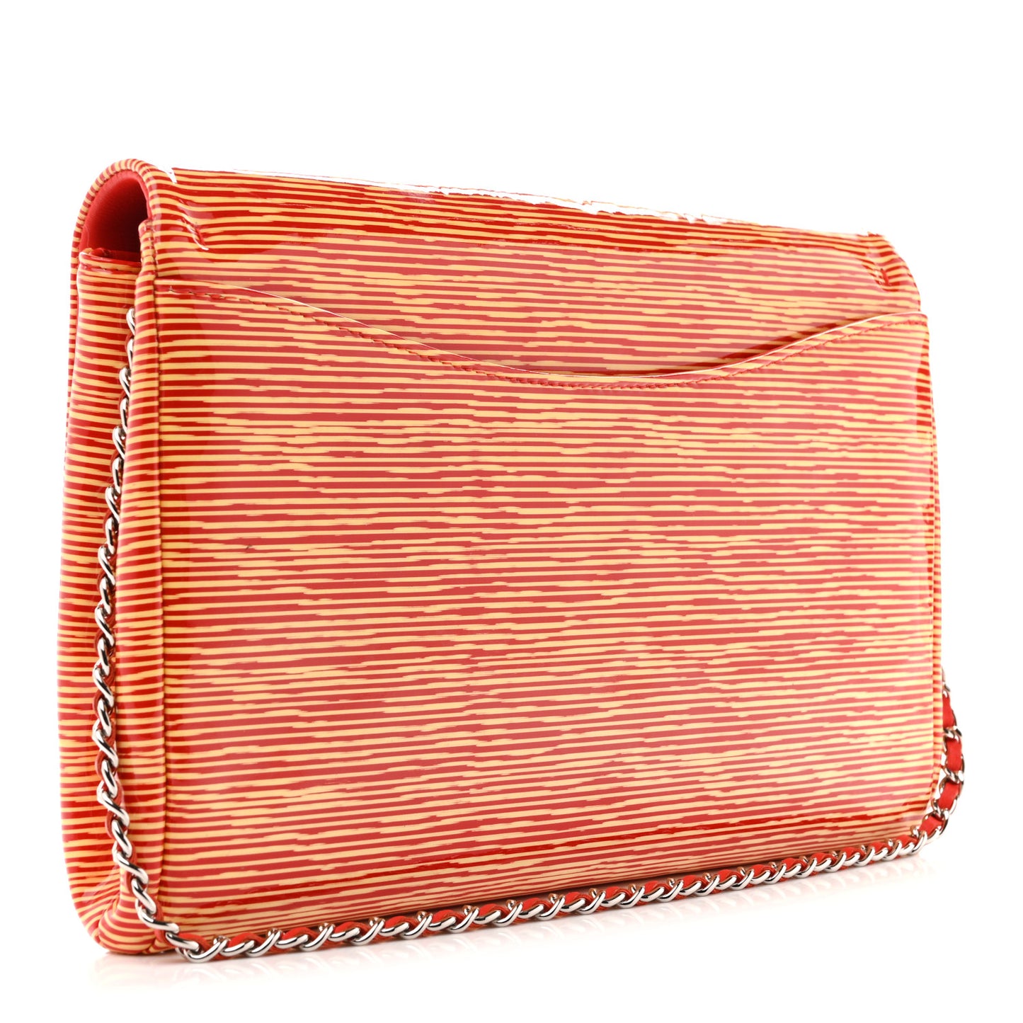 Patent Calfskin Striped Clutch With Chain Flap Red