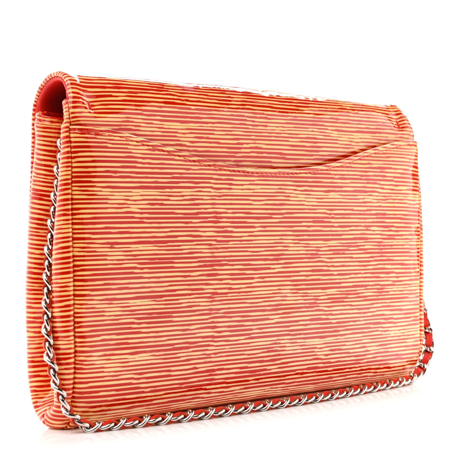 Chanel Patent Calfskin Striped Clutch With Chain Flap Red 3 of 11