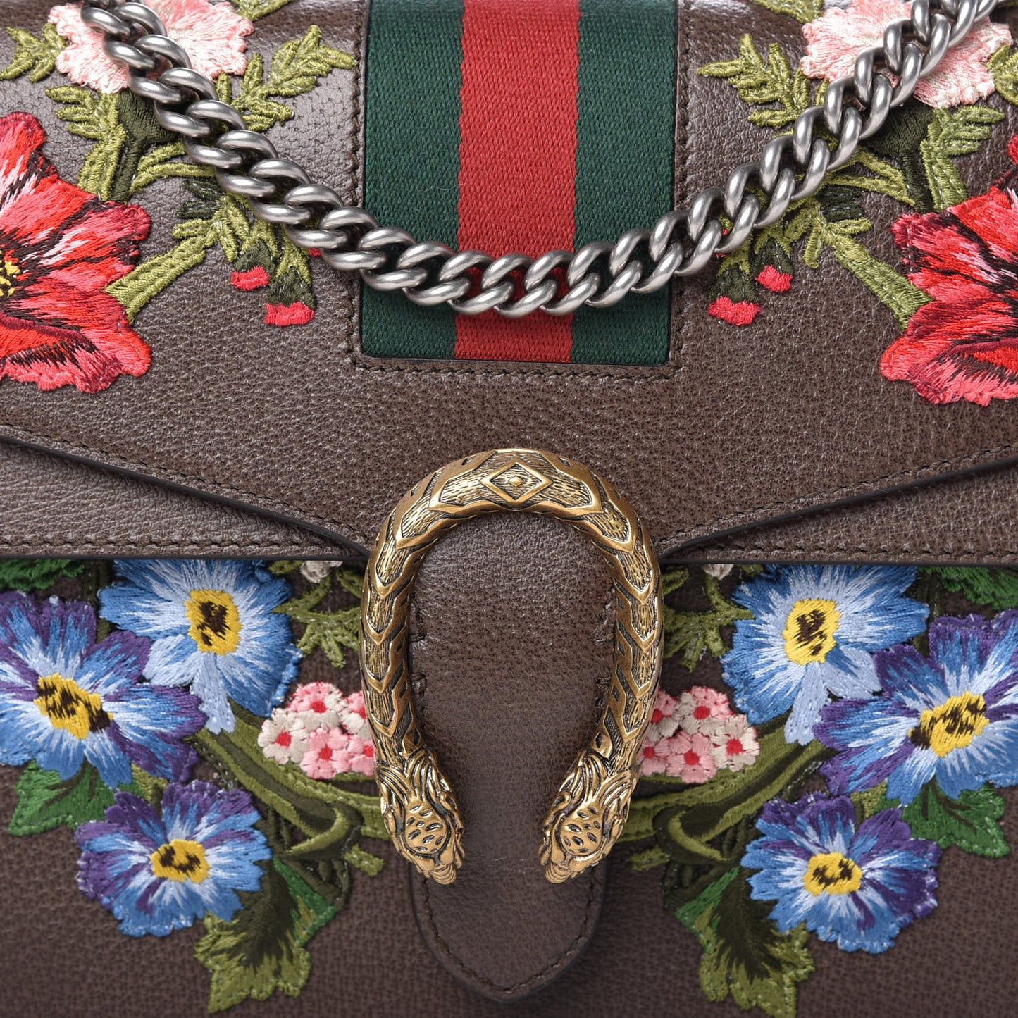 Calfskin Web Floral Embroidered Medium Dionysus Shoulder Bag New Acero