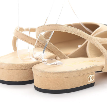 Chanel Kid Suede Satin Cap Toe CC Slingback Pumps 37.5 Beige Black 9 of 10