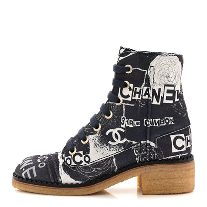 Chanel Suede Calfskin Printed CC 31 Rue Cambon Lace Up Combat Boots 36 White Navy 1 of 9