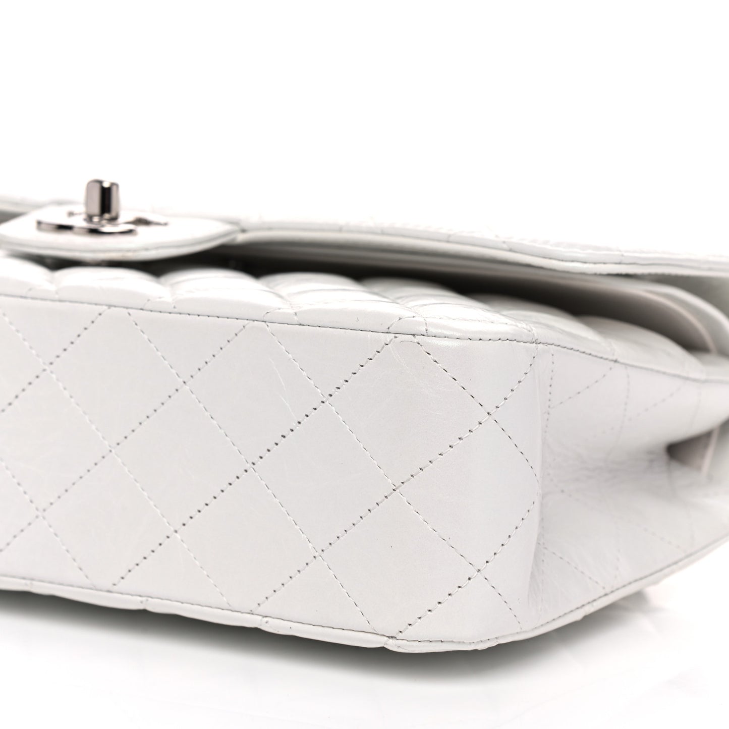 Iridescent Crumpled Calfskin Quilted Medium Double Flap White