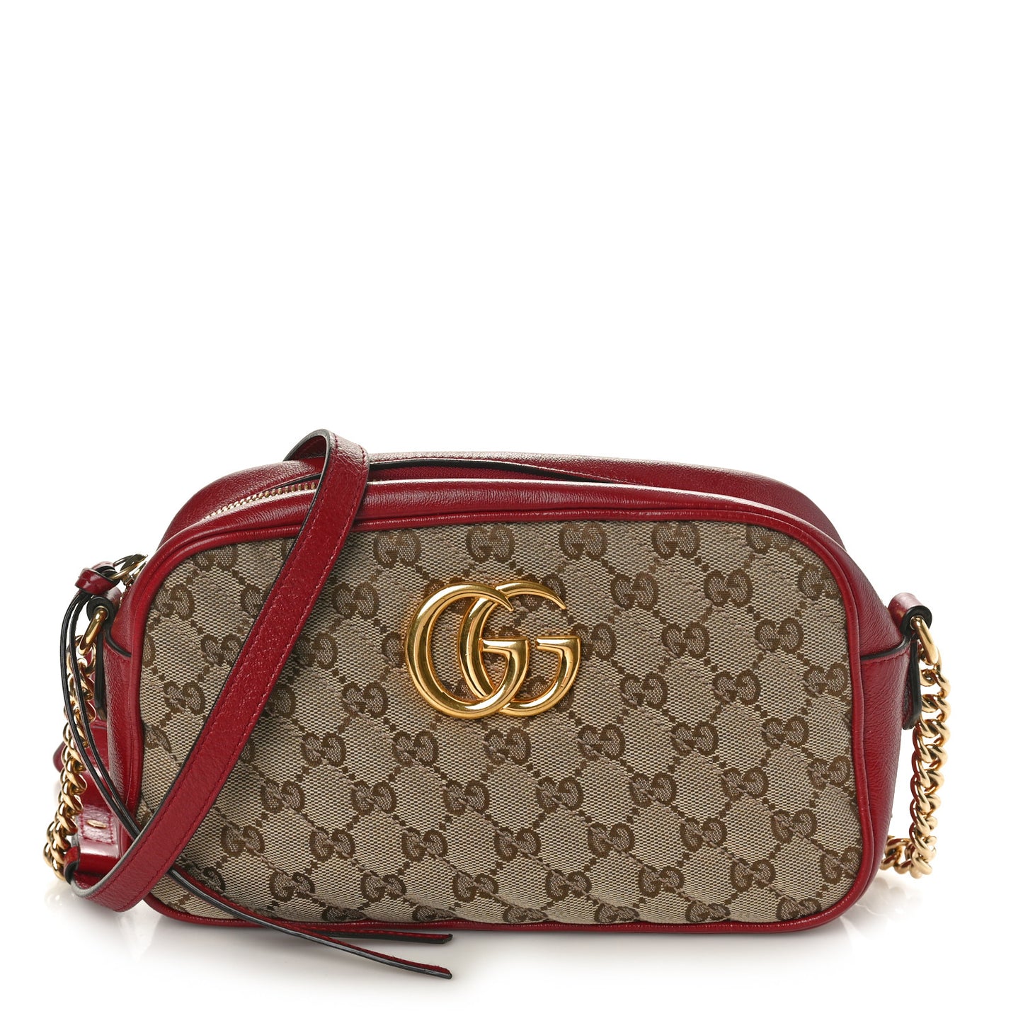 Monogram Azalea Calfskin Matelasse Diagonal Small GG Marmont Chain Shoulder Bag Beige Ebony New Cherry Red
