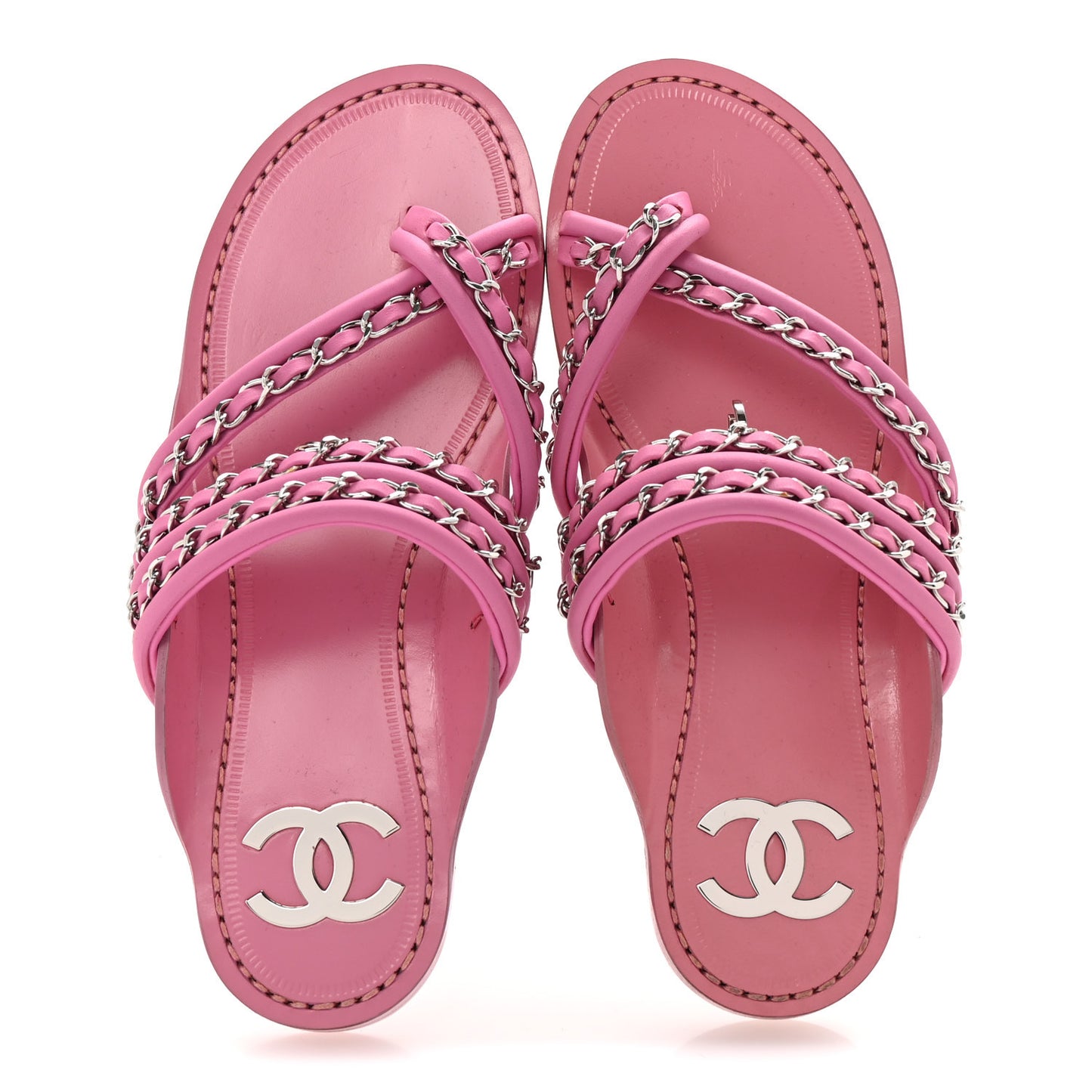 Calfskin Chain CC Thong Flat Sandals 36 Pink