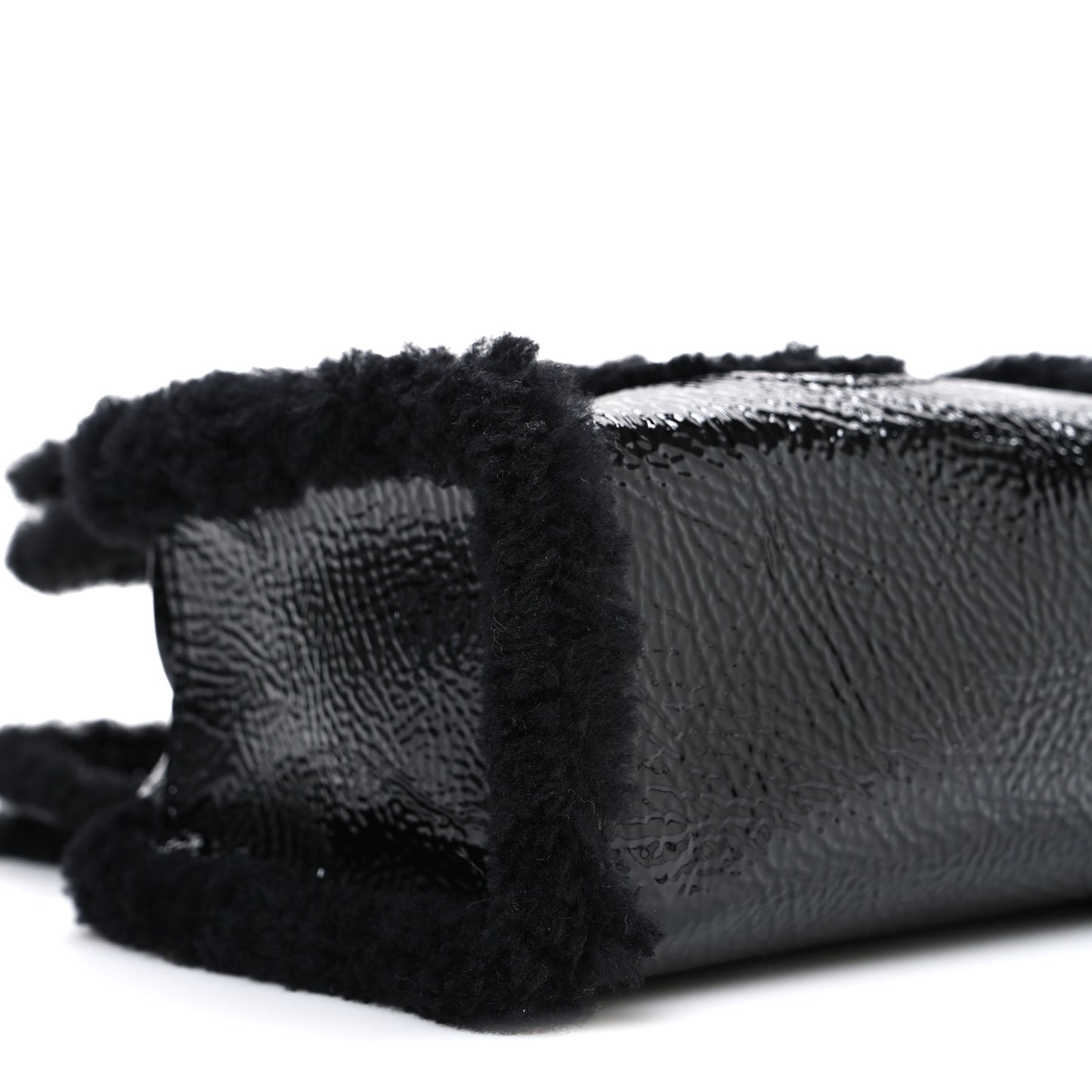 X UGG Crinkle Patent Shearling Small Shopping Bag Black