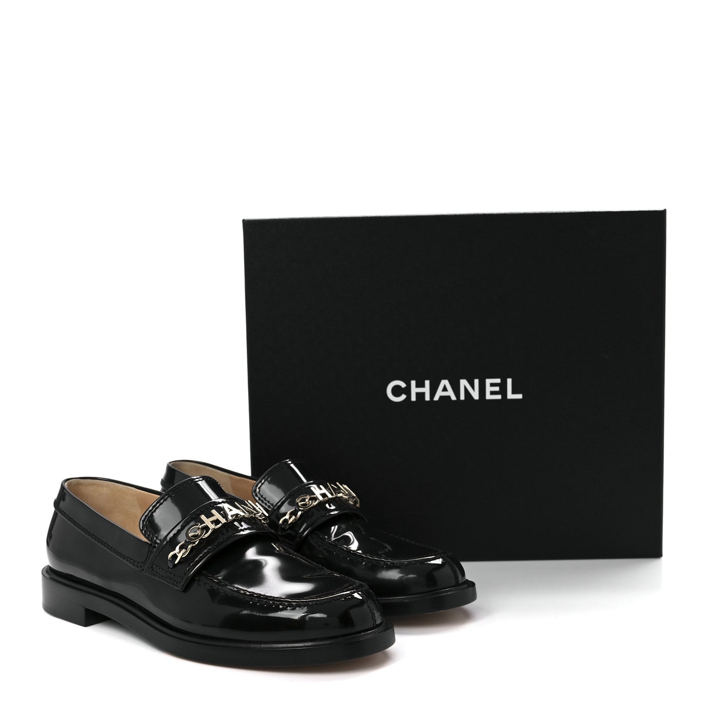 Shiny Calfskin Logo Loafers 38.5 Black