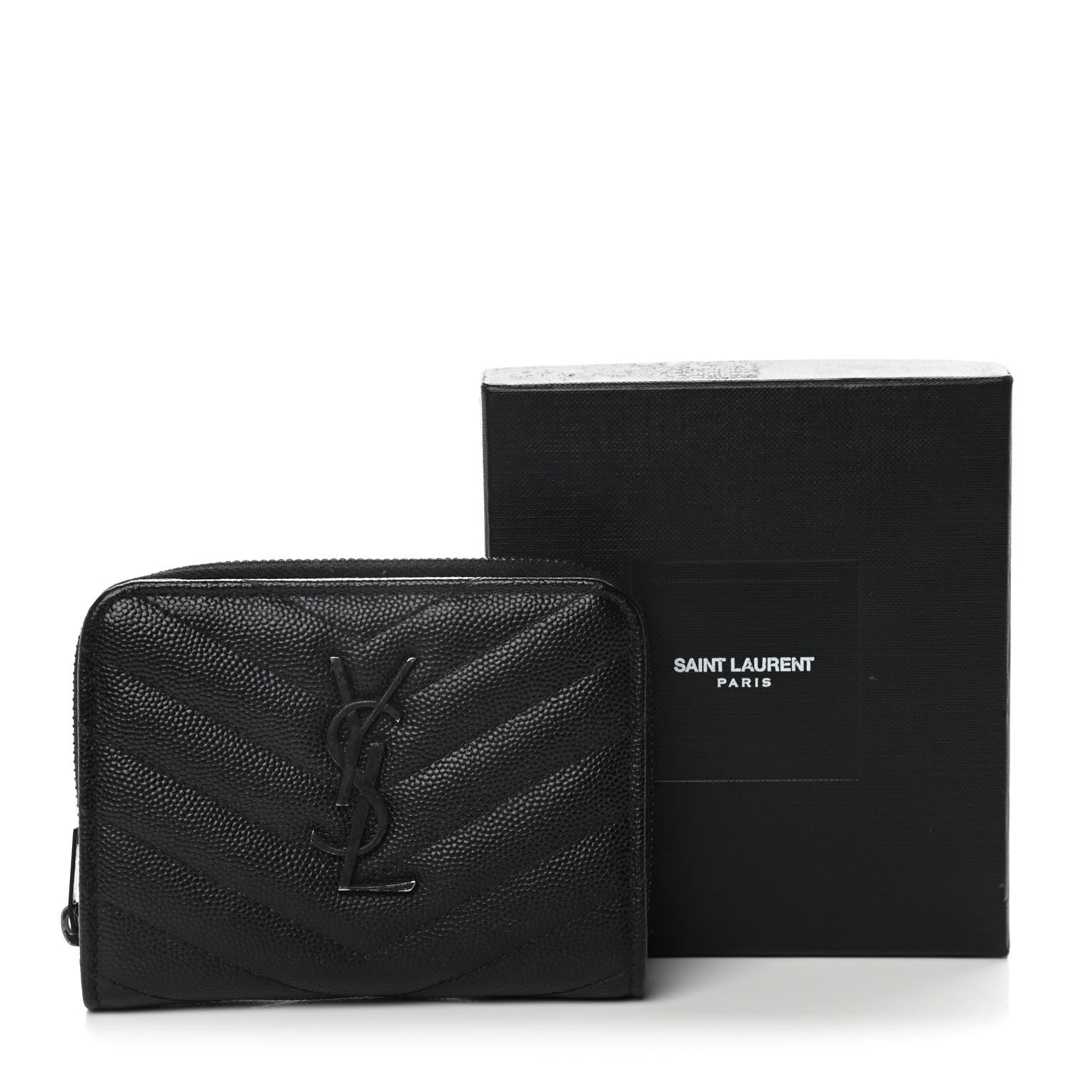 Saint Laurent Grain De Poudre Matelasse Chevron Monogram Monochrome Compact Zip Around Wallet Black 11 of 11