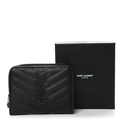 Saint Laurent Grain De Poudre Matelasse Chevron Monogram Monochrome Compact Zip Around Wallet Black 11 of 11