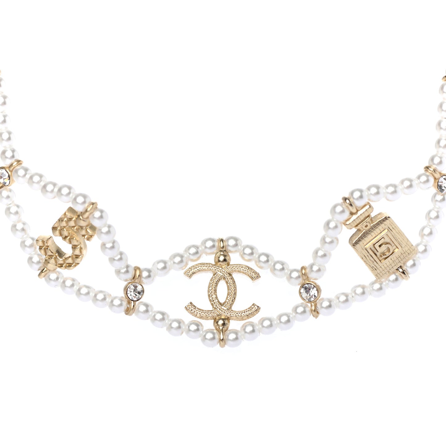 Pearl Crystal CC No 5 Perfume Bottle Choker Necklace Gold