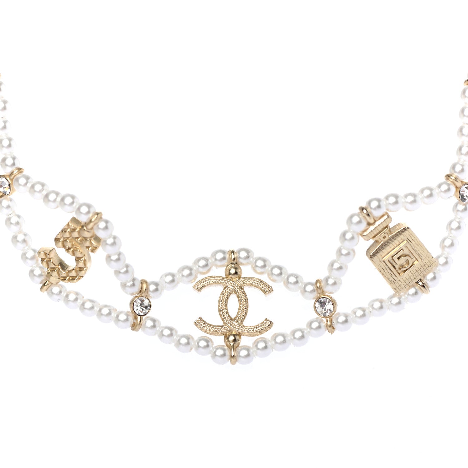 Chanel Pearl Crystal CC No 5 Perfume Bottle Choker Necklace Gold 2 of 4