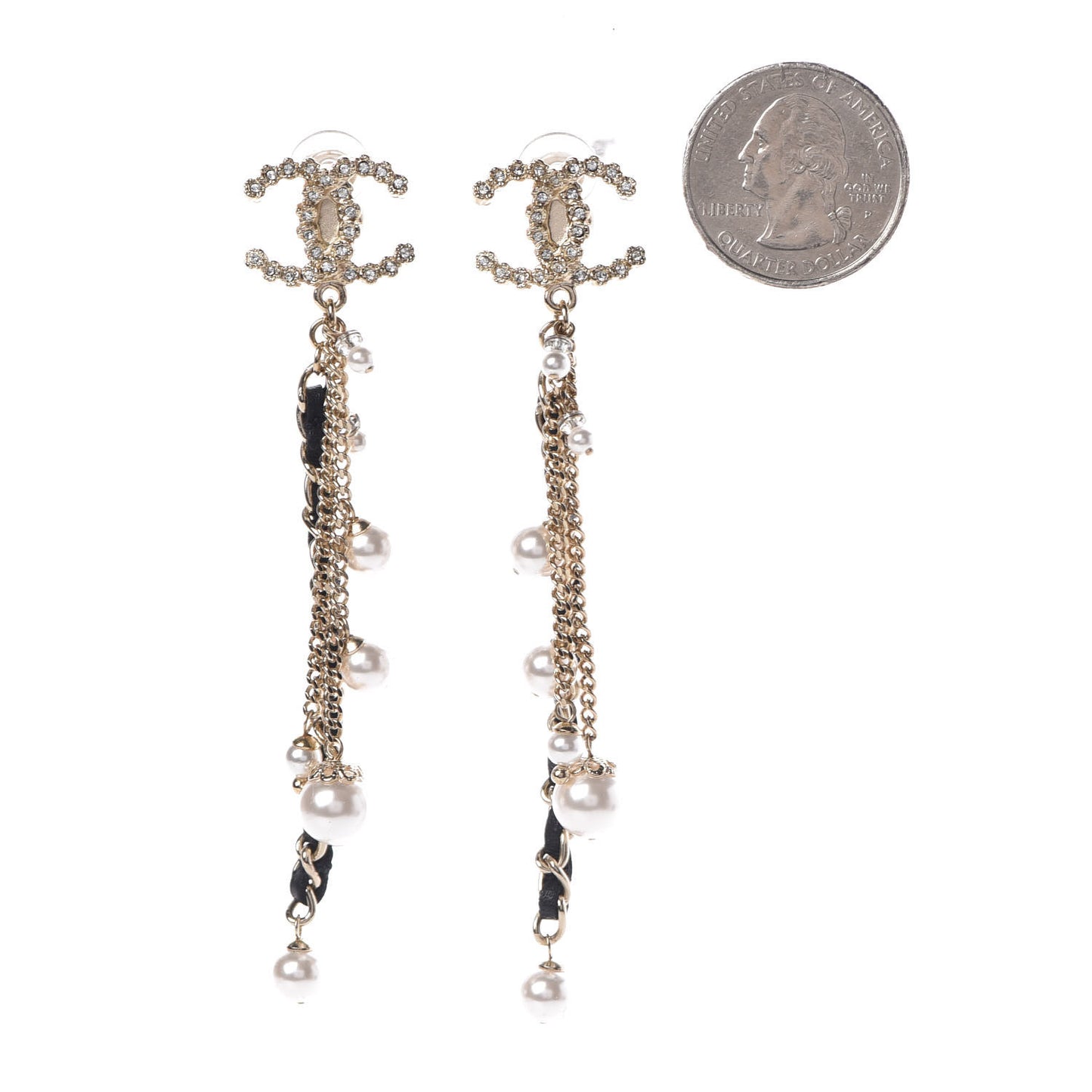 Pearl Crystal Lambskin Chain CC Dangle Clip On Earrings Gold