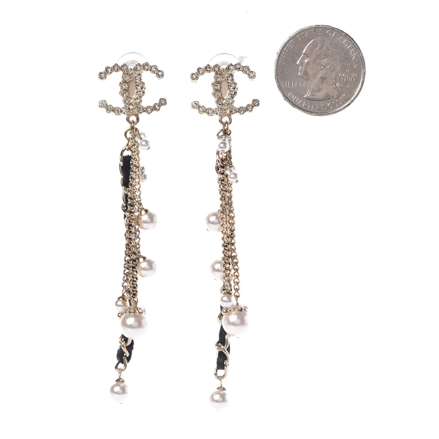 Chanel Pearl Crystal Lambskin Chain CC Dangle Clip On Earrings Gold 2 of 5