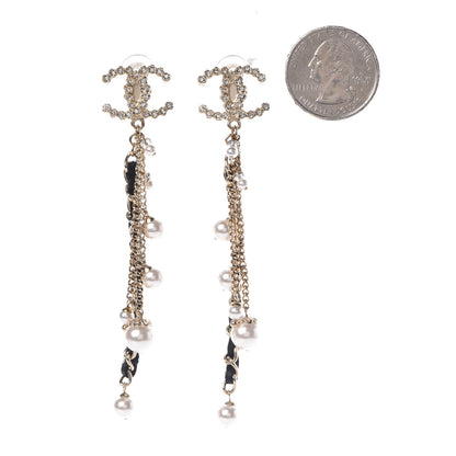 Chanel Pearl Crystal Lambskin Chain CC Dangle Clip On Earrings Gold 2 of 5