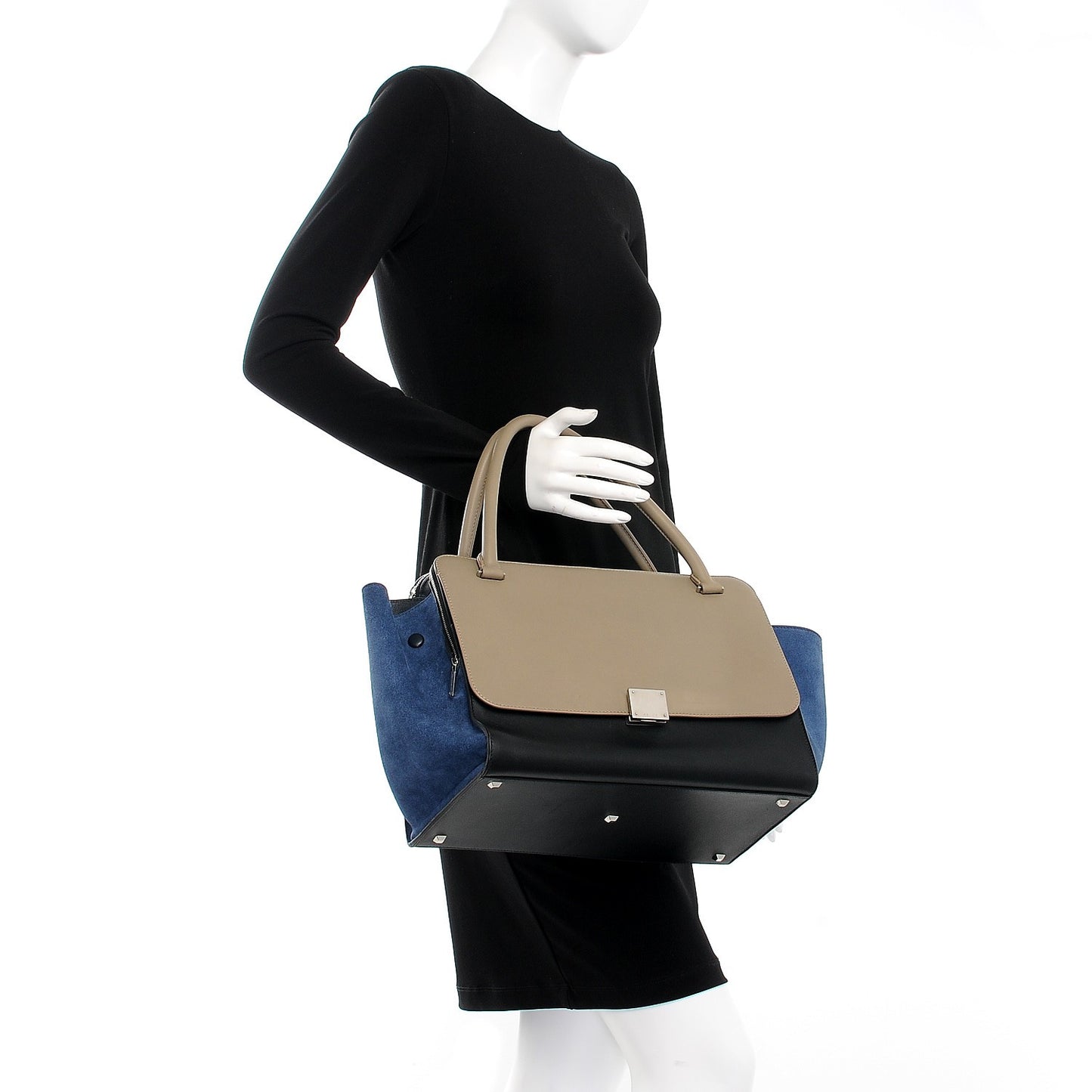 Calfskin Suede Tri-Color Double Zip Trapeze Sand