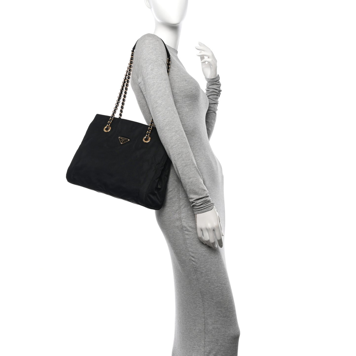 Tessuto Nylon Acciaio Chain Shoulder Bag Black