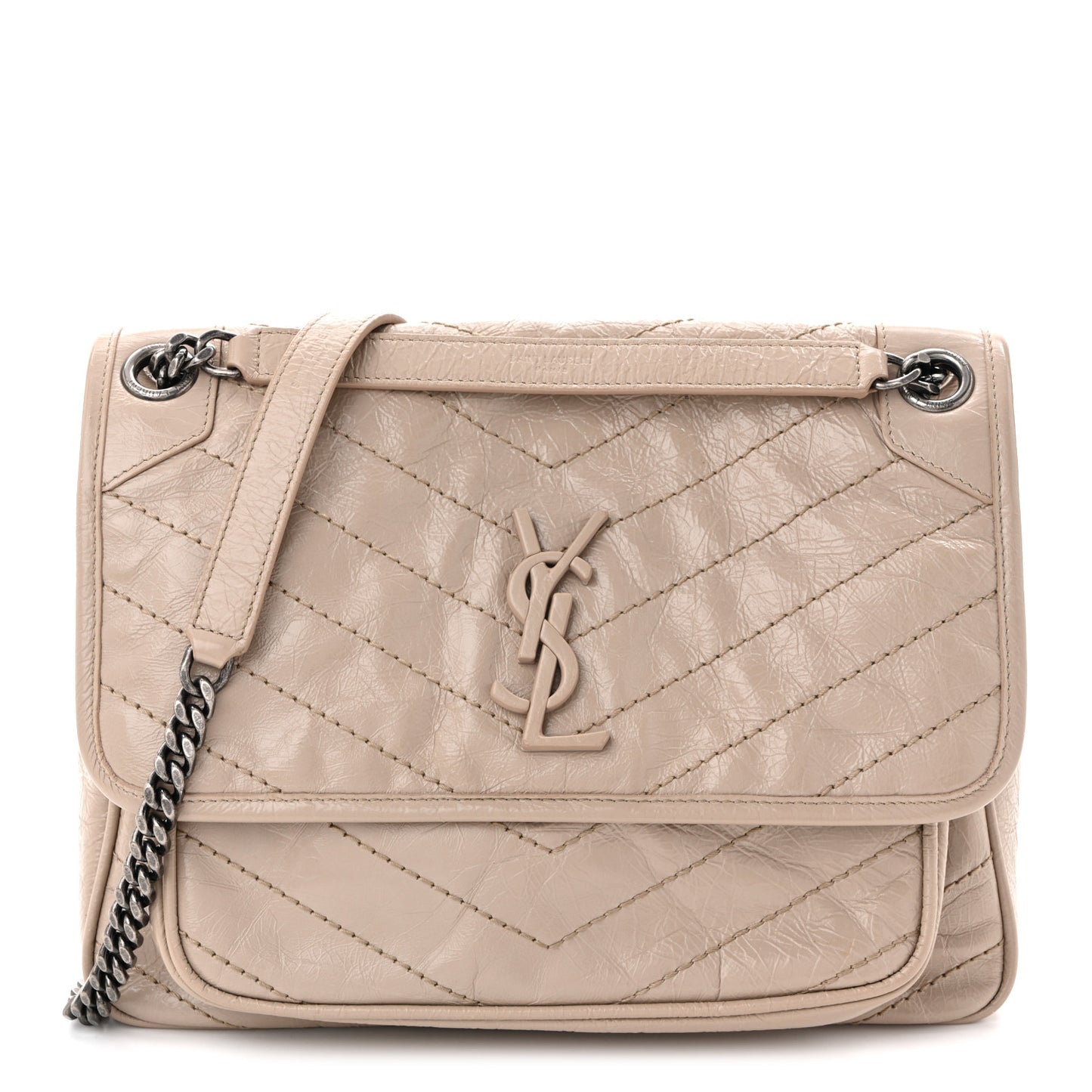 Crinkled Calfskin Matelasse Monogram Medium Niki Chain Satchel Light Natural