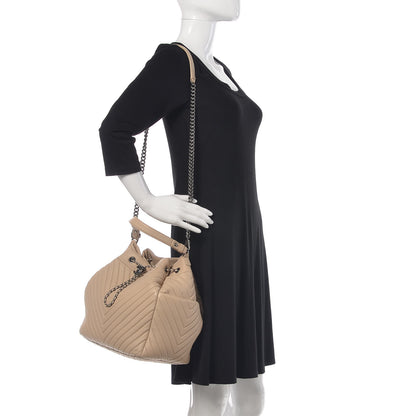 Chanel Deerskin Chevron Large CC Chain Bucket Drawstring Bag Beige 2 of 12