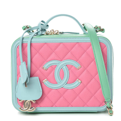 Chanel Caviar Quilted Medium CC Filigree Vanity Case Pink Green Blue 1 of 10
