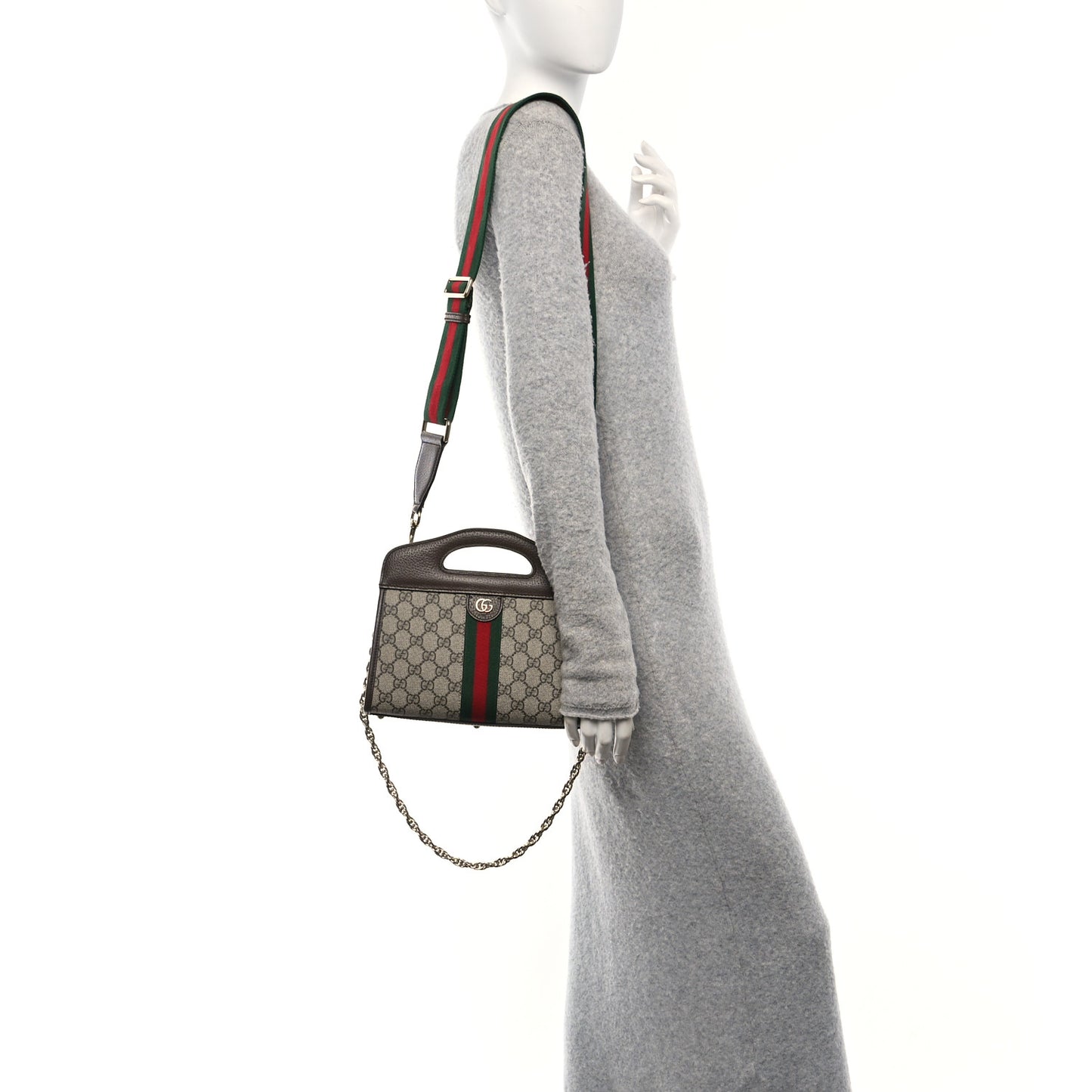 GG Supreme Monogram Textured Dollar Calfskin Web Small Ophidia Slip Handle Tote Beige Ebony New Acero