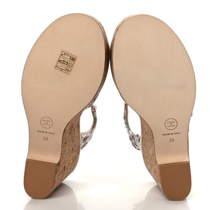 Chanel Tweed Cork CC Wedge Sandals 39 Ecru Pink Blue Green 5 of 7