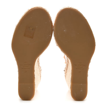 Valentino Garavani Metallic Grained Calfskin Rockstud Crisscross Ankle Strap Espadrille Wedge Sandals 37 Rame 6 of 9