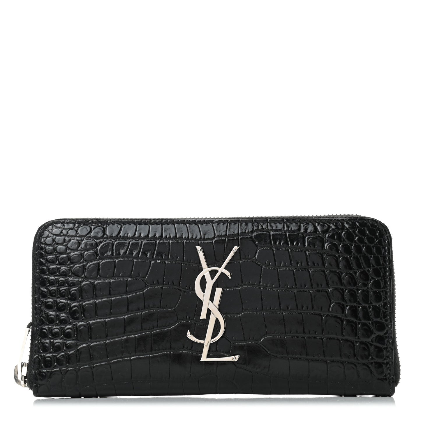 Calfskin Crocodile Embossed Monogram Zip Around Wallet Black