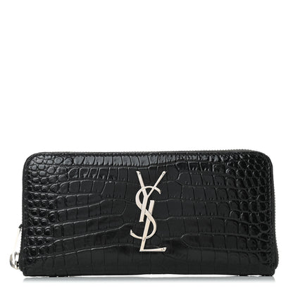 Saint Laurent Calfskin Crocodile Embossed Monogram Zip Around Wallet Black 1 of 7