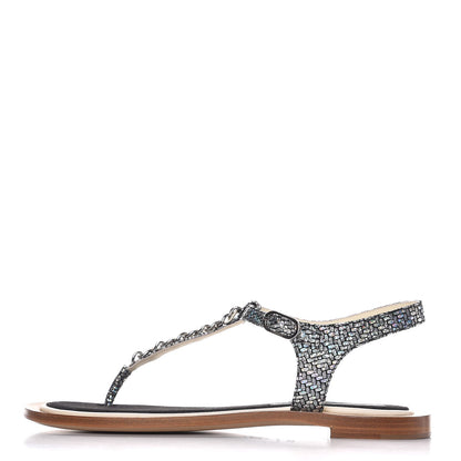 Chanel Goatskin Velvet Fantasy CC Chain Thong Sandals 36.5 Silver Ivory 1 of 9
