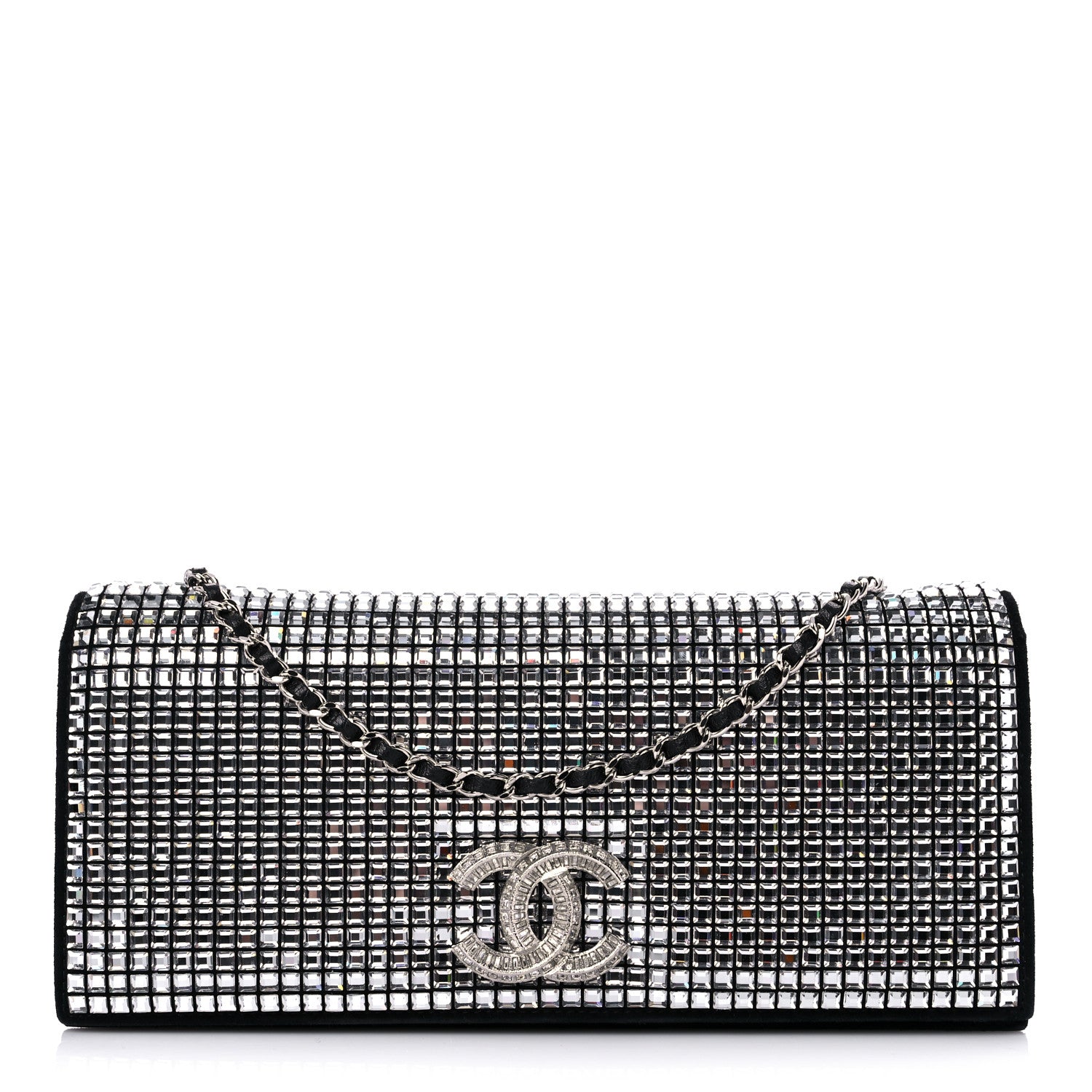 Chanel Crystal Suede Chain Evening Clutch Black Silver 1 of 17