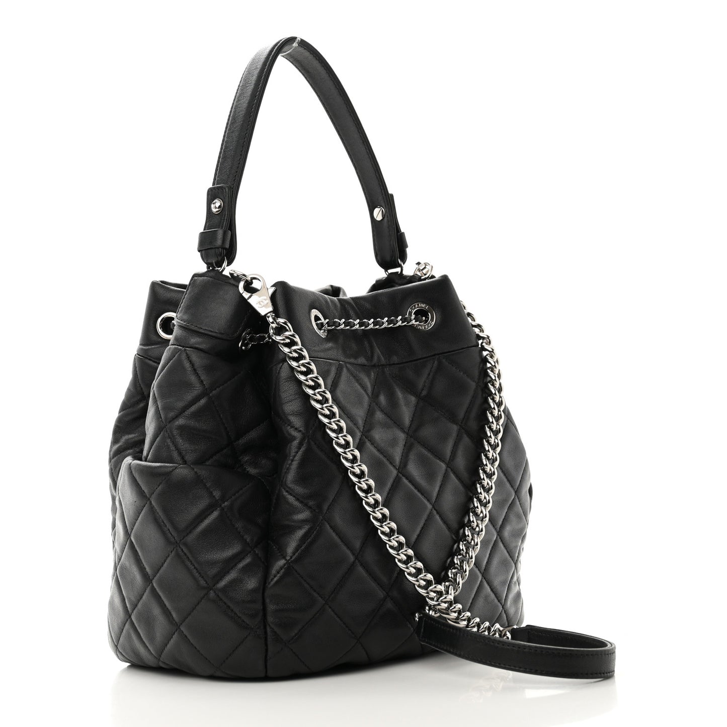 Lambskin Quilted CC Chain Bucket Drawstring Bag Black