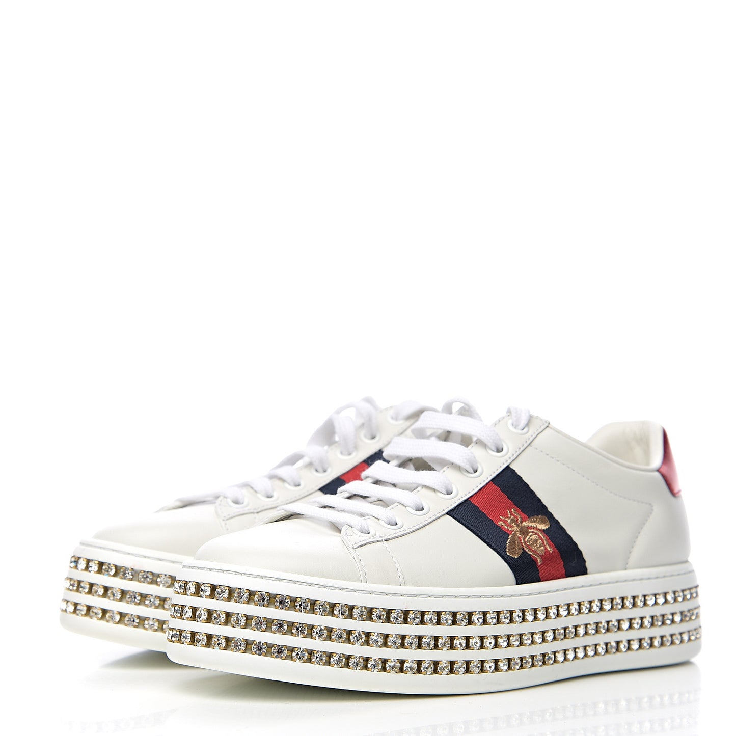 Calfskin Crystal Web Bee Embroidered Womens Ace Platform Sneakers 36 White