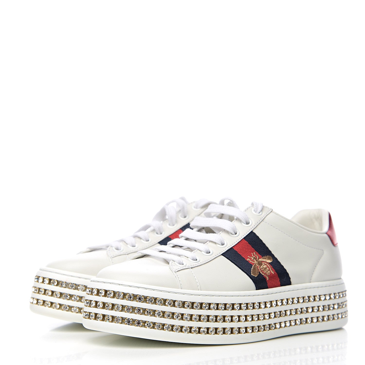 Gucci Calfskin Crystal Web Bee Embroidered Womens Ace Platform Sneakers 36 White 3 of 10