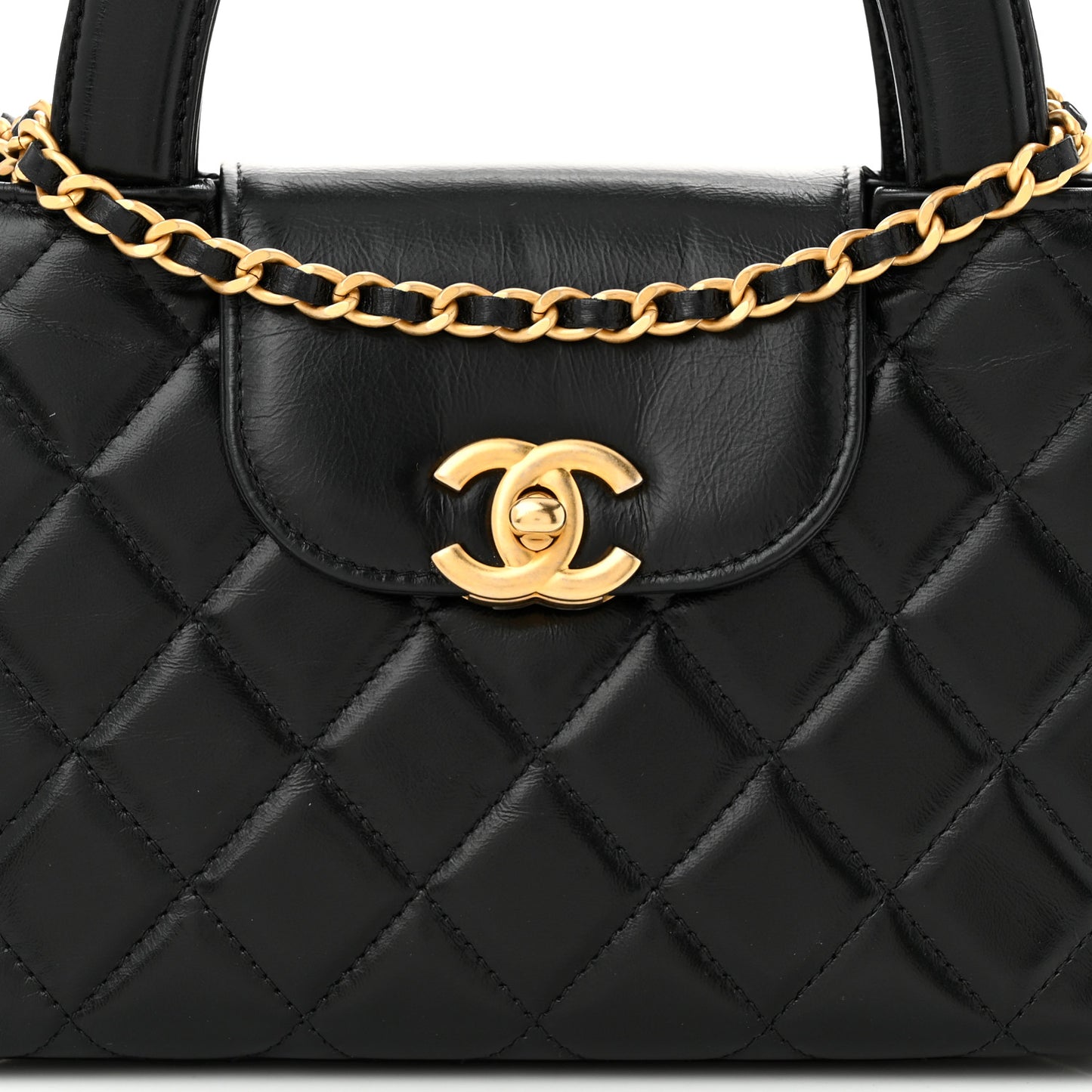 Shiny Aged Calfskin Quilted Nano Kelly Shopper Black